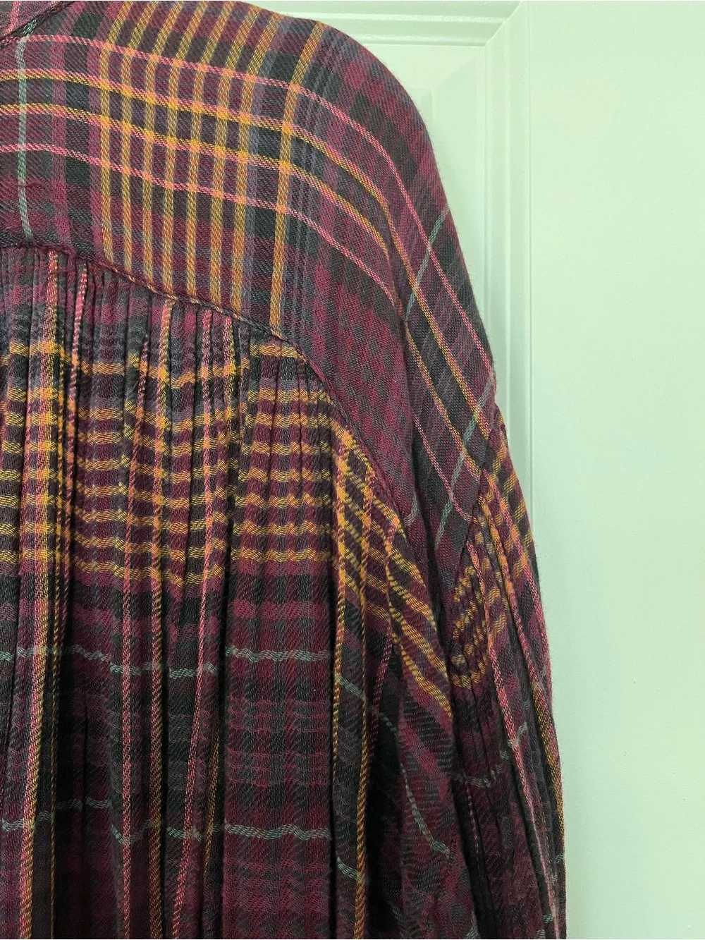 Free People Burgundy Plaid Button-Down Tunic with Mustard Stripes